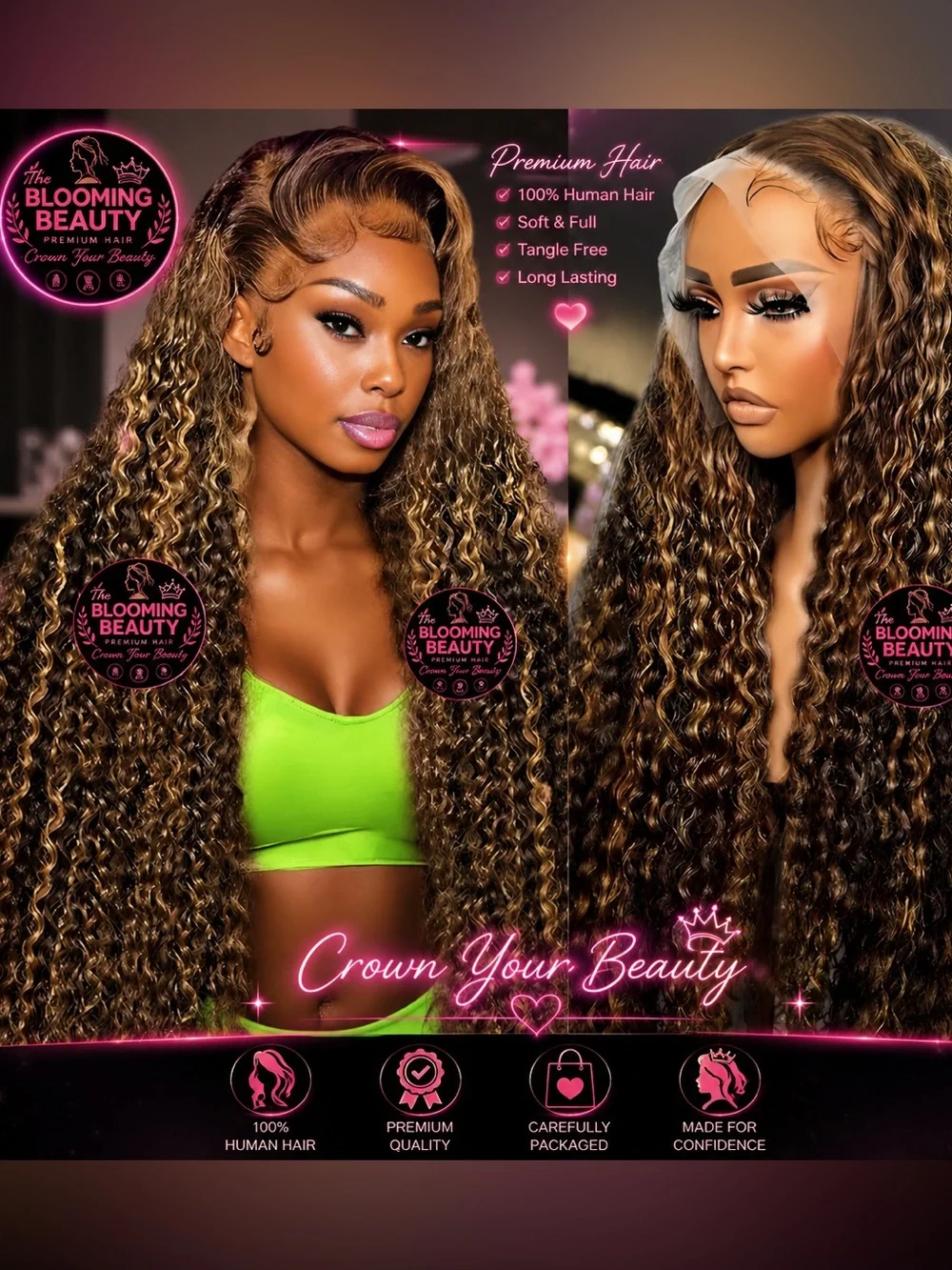 Premium Long Curly Wig - Honey Brown Highlights